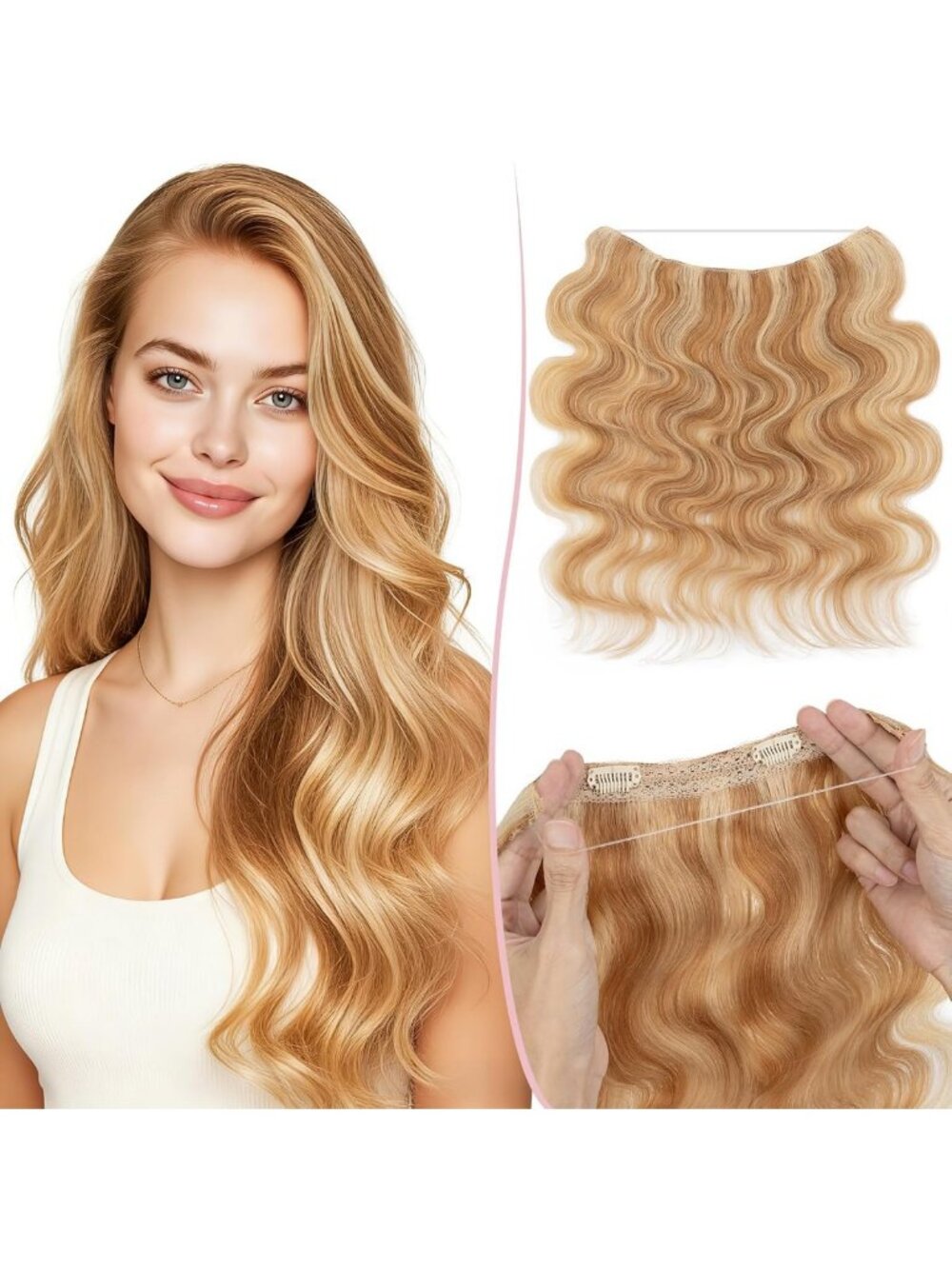 16-Inch Wavy Real Human Hair Wire Extensions - 65g Lightweight, Easy to Use